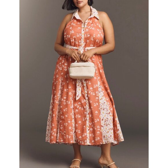 Maeve Anthropologie Halter Open-Back Godet Midi Shirt Dress Orange Floral Size L - Picture 5 of 8